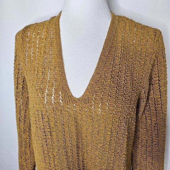 J. Jill Size Medium Gold V-Neck Open Knit Lightweight Tunic Sweater 3/4 Sleeve - Picture 2 of 13